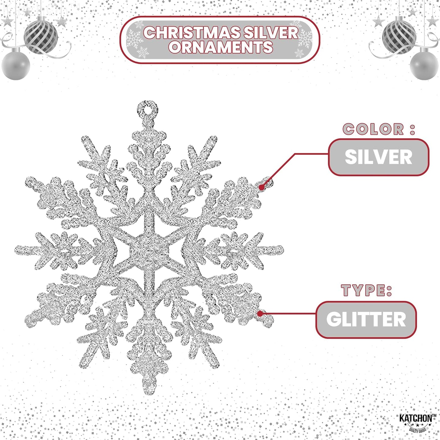 KatchOn Silver Snowflake Ornaments - Large Pack of 36 | Glittery Christmas Tree Decor | Winter Party Decorations
