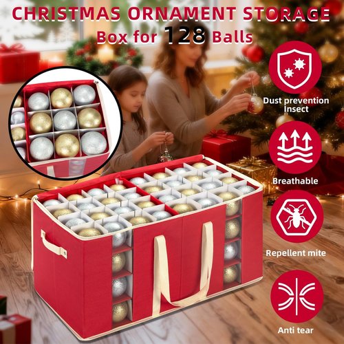 DIMESHY Large Christmas Ornament Storage Box - Adjustable Dividers for 128 Holiday Decorations | Red