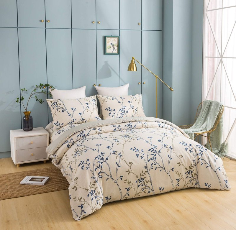 Tache Elegant Leaf Vine Nature Earthy Floral Neutral Cream Beige Tan Blue Breathable Poplin Cotton Zipper Duvet Cover, California King