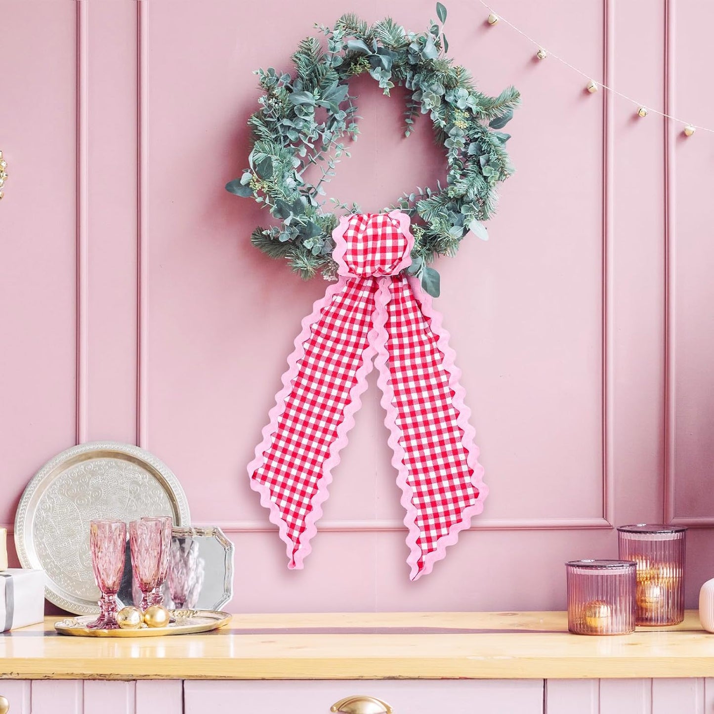 Whaline Wreath Sash Set - White & Red Plaid Garland Ribbons for Holiday & Wedding Decor | 2 Pieces