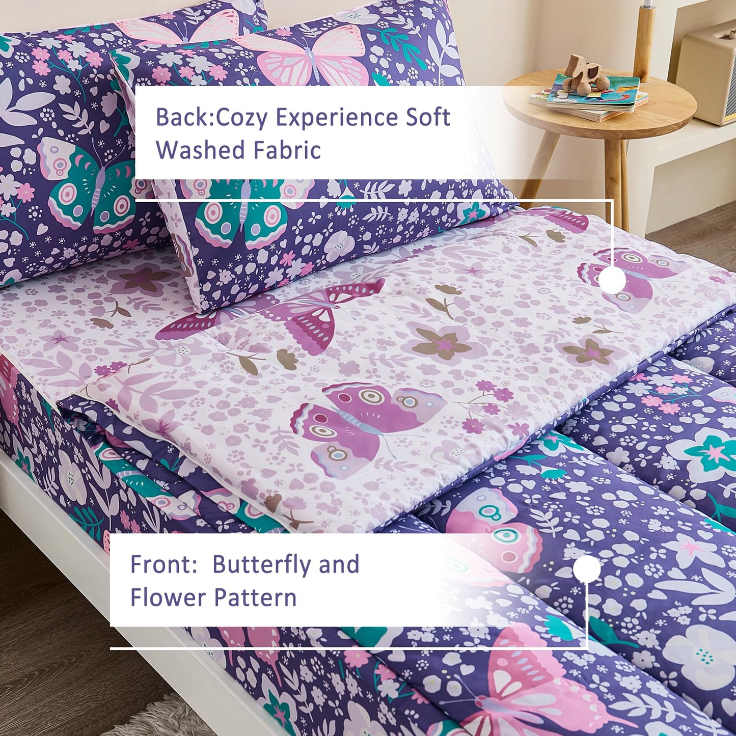Anibedding 3Pcs Zip Up Bedding Comforter Set for Girls, Purple Butterfly All in One Zipper Twin Bedding Set with Pillowcase for Kids
