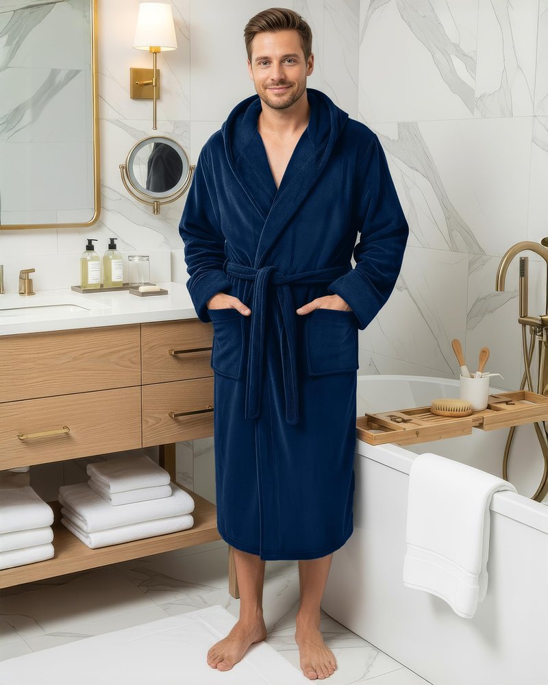 NY Threads Mens Robe with Hood, Luxury Plush Fleece Hooded Mens Bathrobe, Spa Bath Robe for Men, Large/X-Large, Navy