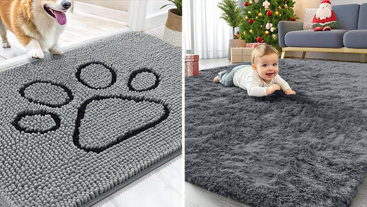 OLANLY Chenille Dog Door Mat - Soft & Absorbent Area Rug Bundle | 30x20 in & 4x5.9 ft - Grey