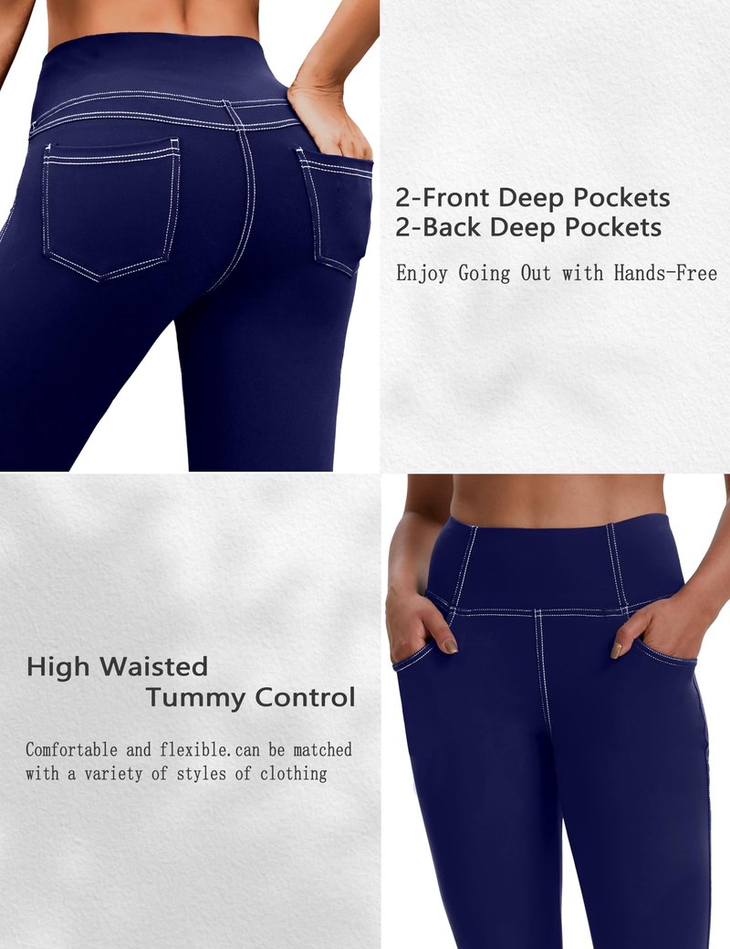 VOOVEEYA Women's Capri Leggings, Yoga Capris Pants with Pockets Stretchy Crop Pants High Waisted Straight Leg 21"（Navy Blue L）