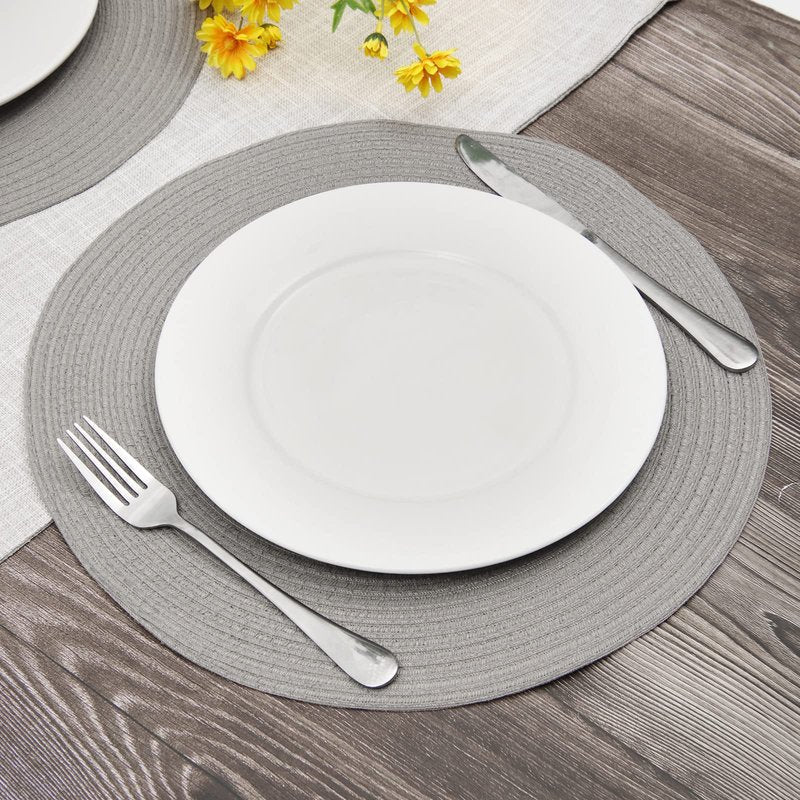 SHACOS Round Braided Placemats Set of 8 Washable Fabric Heat Resistant 15 inch Grey Round Table Mats for Dining Tables (Gray, 8)