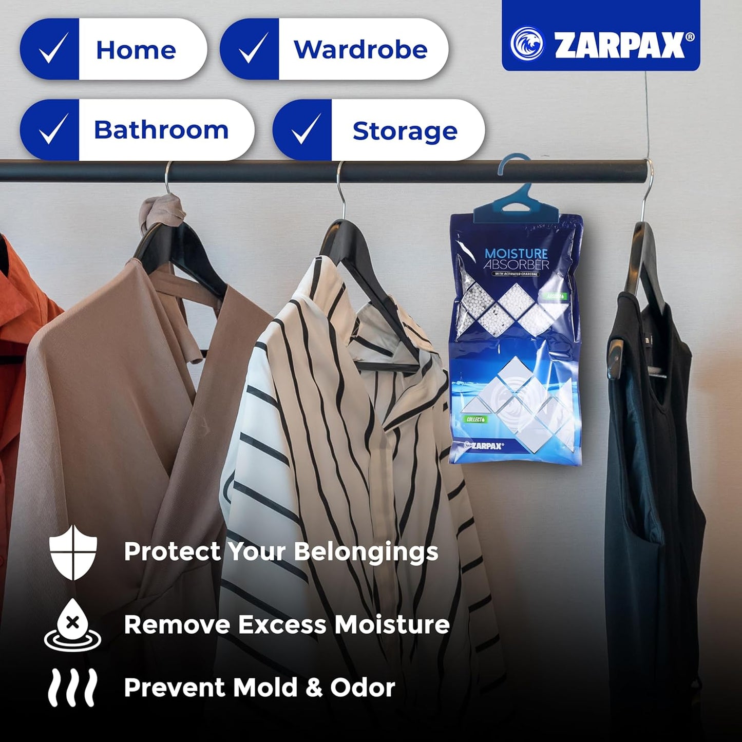 ZARPAX Activated Charcoal Moisture Absorber - 10.6 oz | Dehumidifier Bags for Bathroom, Closet & Kitchen | Eliminates Humidity & Odors | Set of 10