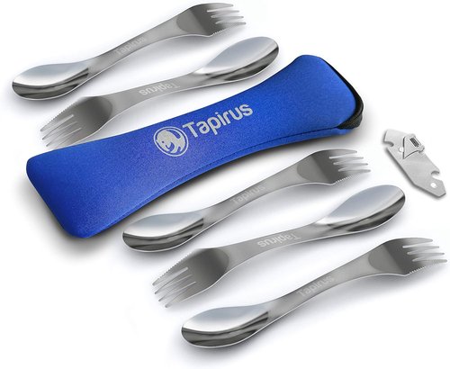 5-Piece Stainless Steel Spork Utensil Set - Durable 8-Inch Camping Cutlery with Bottle Opener & Carrying Case