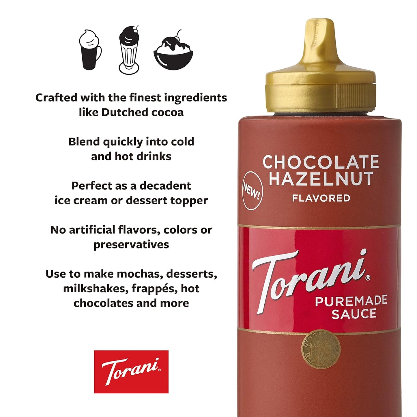 Torani Puremade Chocolate Hazelnut Sauce - Rich Flavor for Desserts | 16.5 OZ Bottle