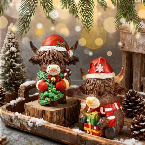 Exasinine Highland Cow Figurines - Festive Christmas Decor with Santa Hat & Candy Cane | 2 Pcs for Home & Office