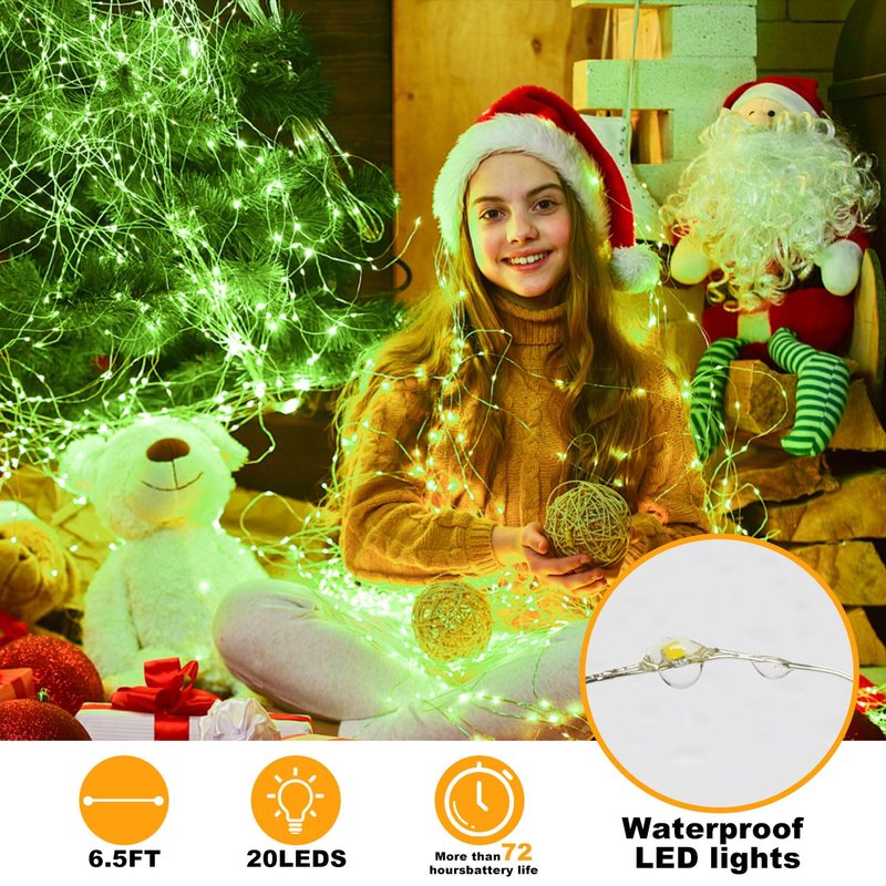 JUSTPRO 6 Pack Fairy Lights Battery Operated String Lights - 7ft 20 LED Waterproof Silver Wire Firefly Lights for DIY Wedding Décor Table Centerpieces Craft Mason Jars Party Decor(Green)