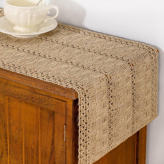 Santaben Burlap Brown Spring Boho Macrame Table Runner Rustic Farmhouse Woven Cotton Linen Burlap Table Runners for Dining & Bedroom Home Decor 11x58 Inches