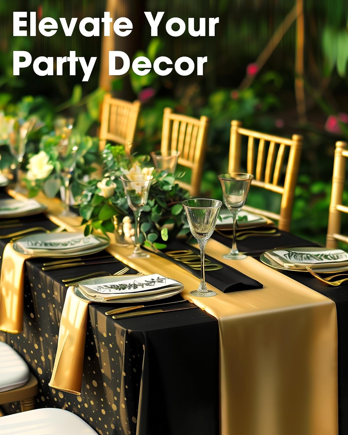 Niuara Table Cloth Set - Black & Gold Disposable Rectangle Table Cover & Runner | 3+3 Pack for Events
