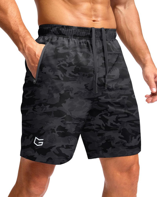 G Gradual Men's Athletic Running Shorts with Zipper Pockets Quick Dry 7"/ 5"/ 9" Workout Gym Shorts for Basketball Hiking(Grey Camo,7M)