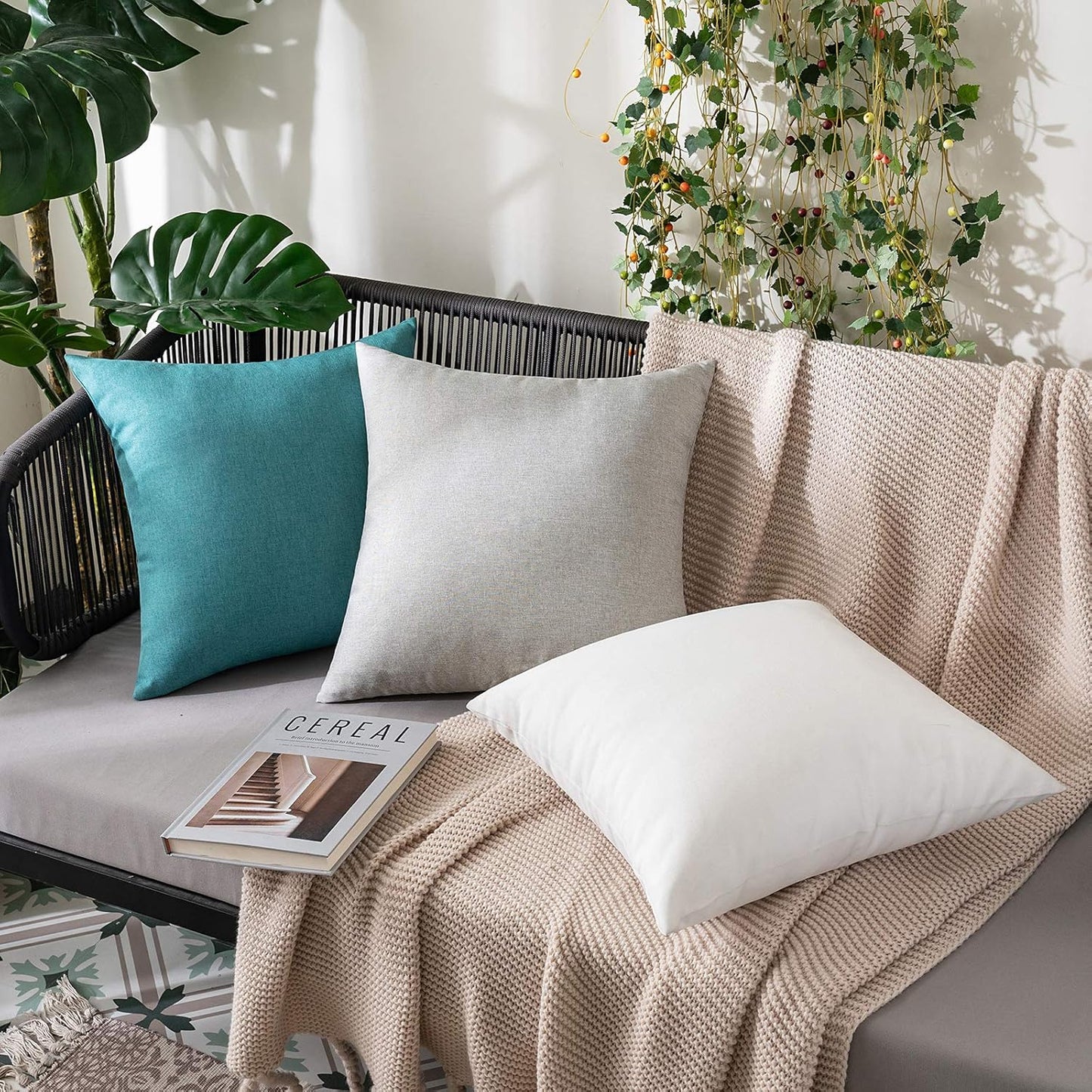 MIULEE Decorative Outdoor Throw Pillow Covers - Waterproof Faux Linen Cushion Cases | 24x24 Inch White (Pack of 2)