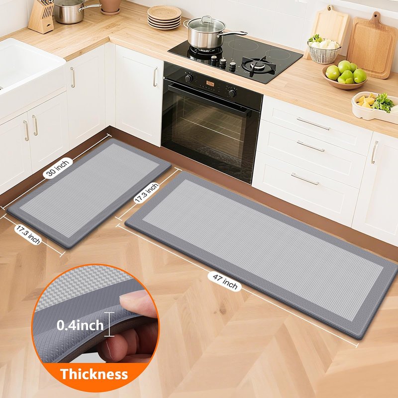 SofterCharm Kitchen Mats, 2PCS Kitchen Rugs for Floor, Cushioned Anti-Fatigue Mats for Kitchen Floor, Non-Slip Standing Desk Mat for Sink, Home, Laundry & Office, 17.3"x30"+17.3"x47" (Grey)