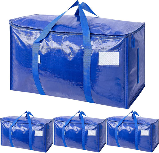 TICONN Extra Large Heavy-Duty Moving Bags - Durable Storage with Zippers & Handles (4 Pack, Blue)