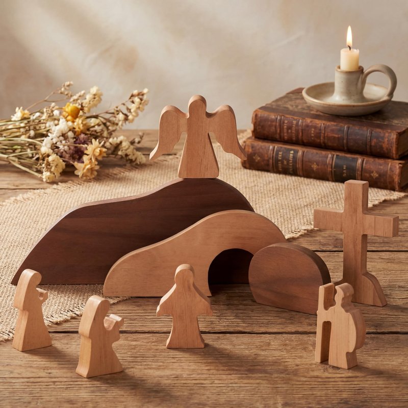 Vercraft 9 Pcs Religious Easter Decorations for Home Empty Tomb Easter Scene and Cross Decoration Wooden Resurrection Scene Set Jesus Nativity Tomb Decor for Christian Table Tiered Tray Office Crafts