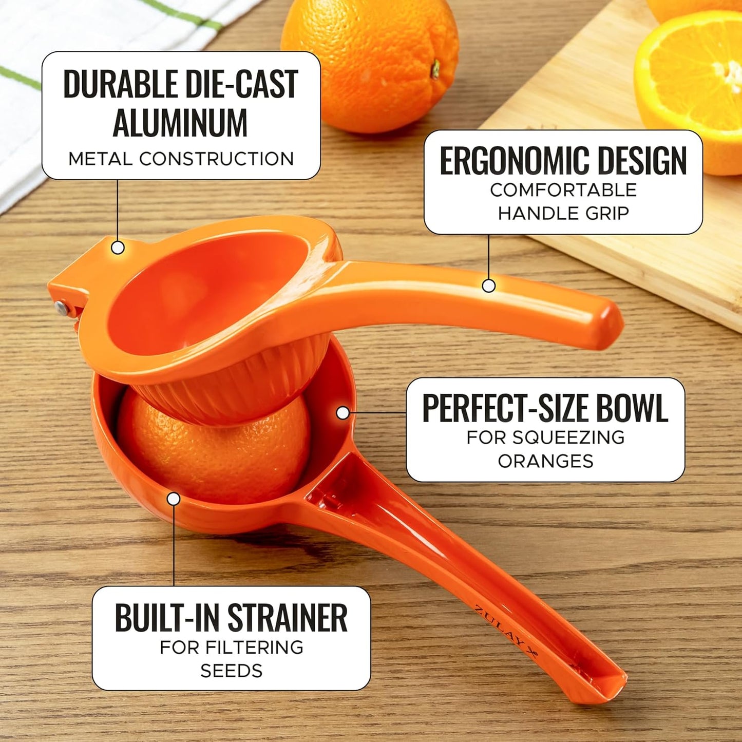 Zulay Kitchen Premium Metal Orange Squeezer - Heavy-Duty Citrus Juicer for Maximum Juice Extraction | Ergonomic & Dishwasher Safe (Orange)