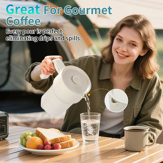 UPEZAN Travel Electric Kettle - Collapsible Portable Electric Kettle, 600W Foldable Small Water Boiler with 4-Temp Presets, Food Grade Silicone for Hotel, Office, Camping, 600mL, Beige