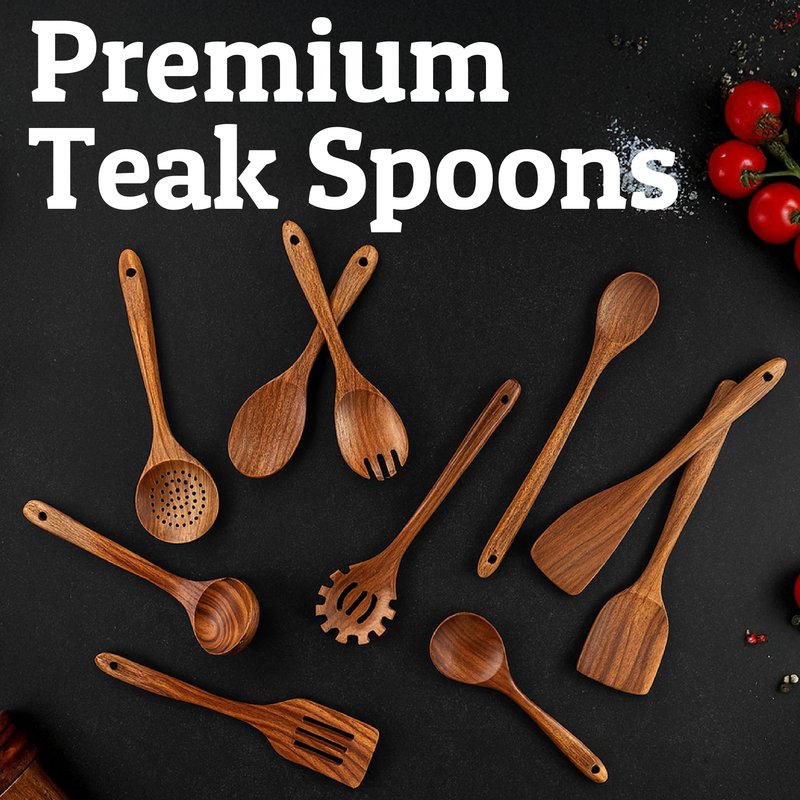 PriorityChef Wooden Spoons for Cooking, Premium 6pc Teak Wood Utensil Set with Hanging Hooks