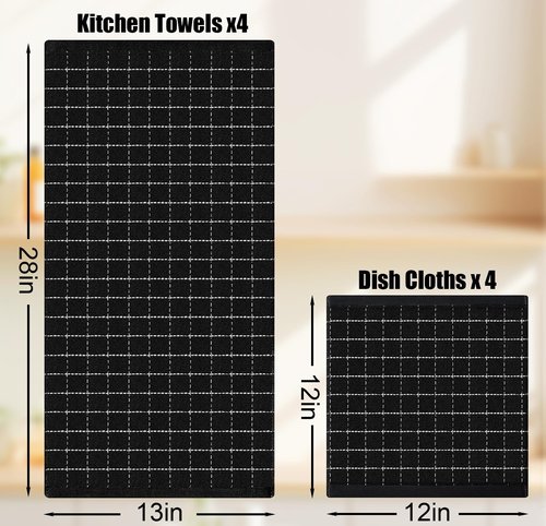 Homaxy Kitchen Towels and Dishcloths Set, 12 x 12 and 13 x 28 Inches, Set of 8 Bulk Cotton Terry Kitchen Towels Set, Checkered Designed, Soft and Super Absorbent Dish Towels, Black
