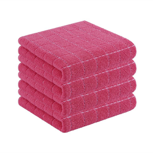 Homaxy 100% Cotton Terry Kitchen Towels(Rose Red, 13 x 28 inches), Checkered Designed, Soft and Super Absorbent Dish Towels, 4 Pack