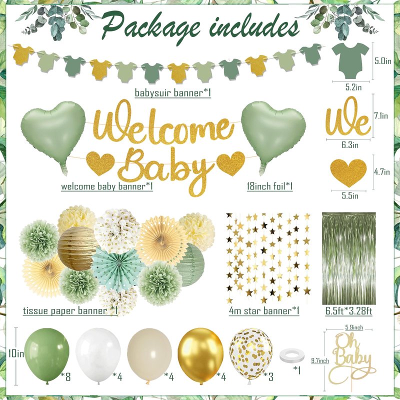 Sage Green Baby Shower Decorations - Gender Neutral Baby Shower Decor Set with Welcome Baby Banner, Tissue Pom Poms, Paper Lanterns, Flower Fans, Balloons, "Oh Baby" Cake Topper & Star Garland