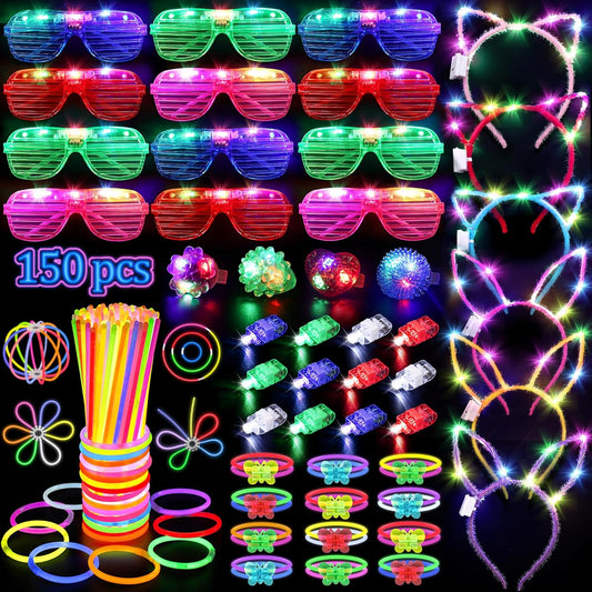 Skiennix 150PCS Glow in the Dark Party Supplies - Light Up Glasses, Headbands & Rings | Neon Party Pack