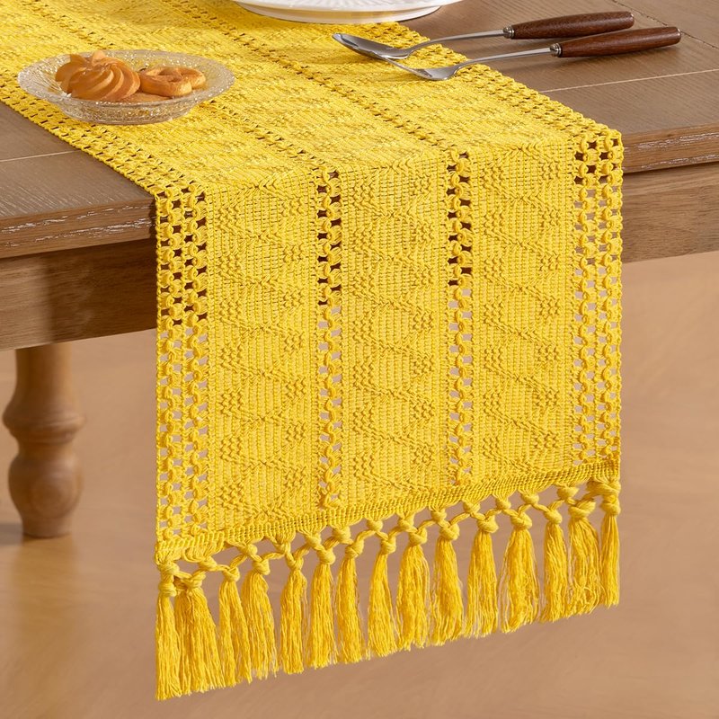 Socomi Boho Table Runner Summer Farmhouse Rustic Dining Kitchen Centerpiece Decor Small Macrame Woven Cotton Linen Coffee Table Runner for Dresser Scarf Home Decor 12x48 in Yellow Gold