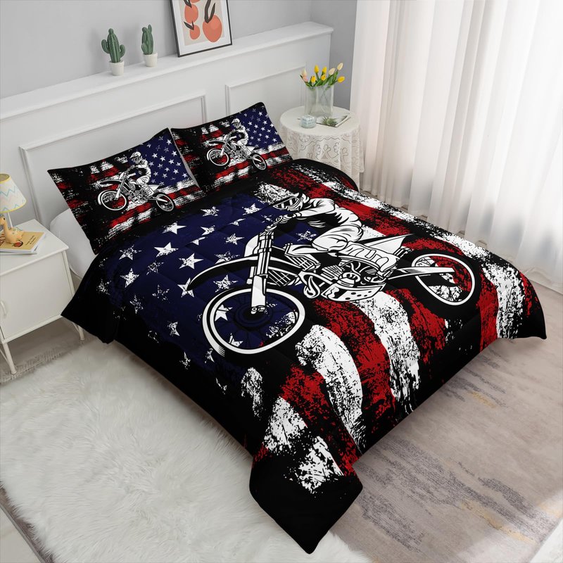 Axolotl Dirt Bike Comforter Set Twin, American Flag Bedding Set, Motocross Comforter,White Red Stripes Stars Bedding, Motorcycle Racer Quilt for Boys Kids Teens Men, 1 Dirt Bike Quilt 2 Pillowcases