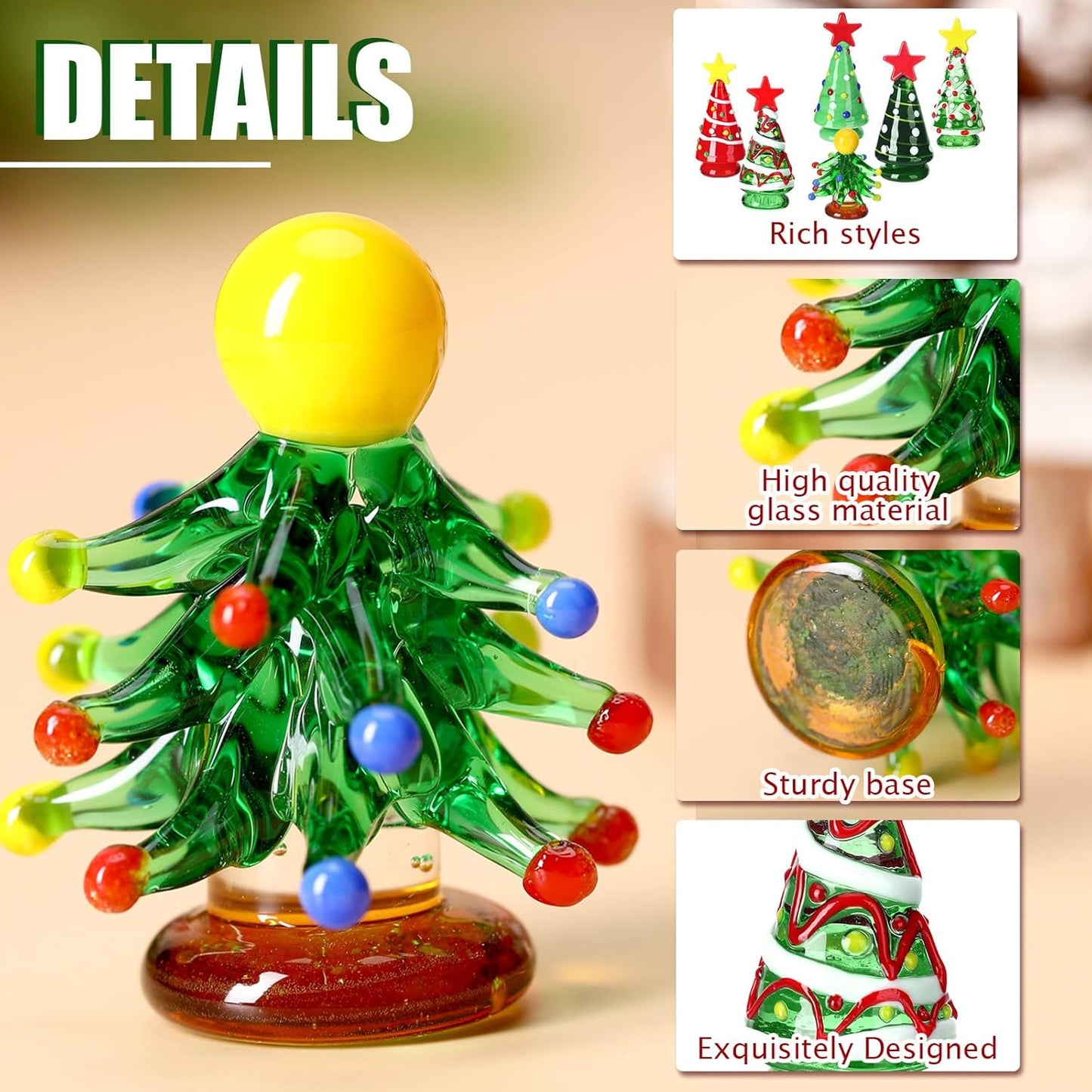Skiennix Mini Christmas Tree Glass Ornaments Set - 6 Pcs Holiday Decor for Dollhouses | 2.36 Inch