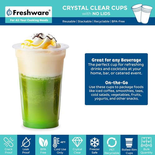 Freshware Clear Plastic Cups - 20 oz Disposable Cups for Iced Coffee, Smoothies & Cold Drinks | 100 Pack