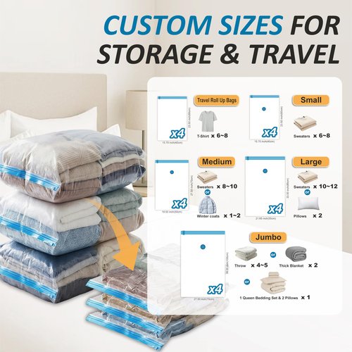 Cozy Essential Vacuum Storage Bags, 80% Compression Vacuum Seal Space Saver Plastic Packaging Bags for Clothes, Blankets, Pillow, Bedding, Comforters, Sealer Clothing Storage,10 Combo