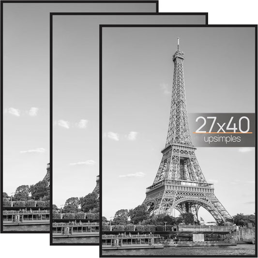Upsimples 27x40 Inch Black Poster Frames - Scratch-Proof Picture Frames for Photo Gallery | 3 Pack, Slide-In Strips