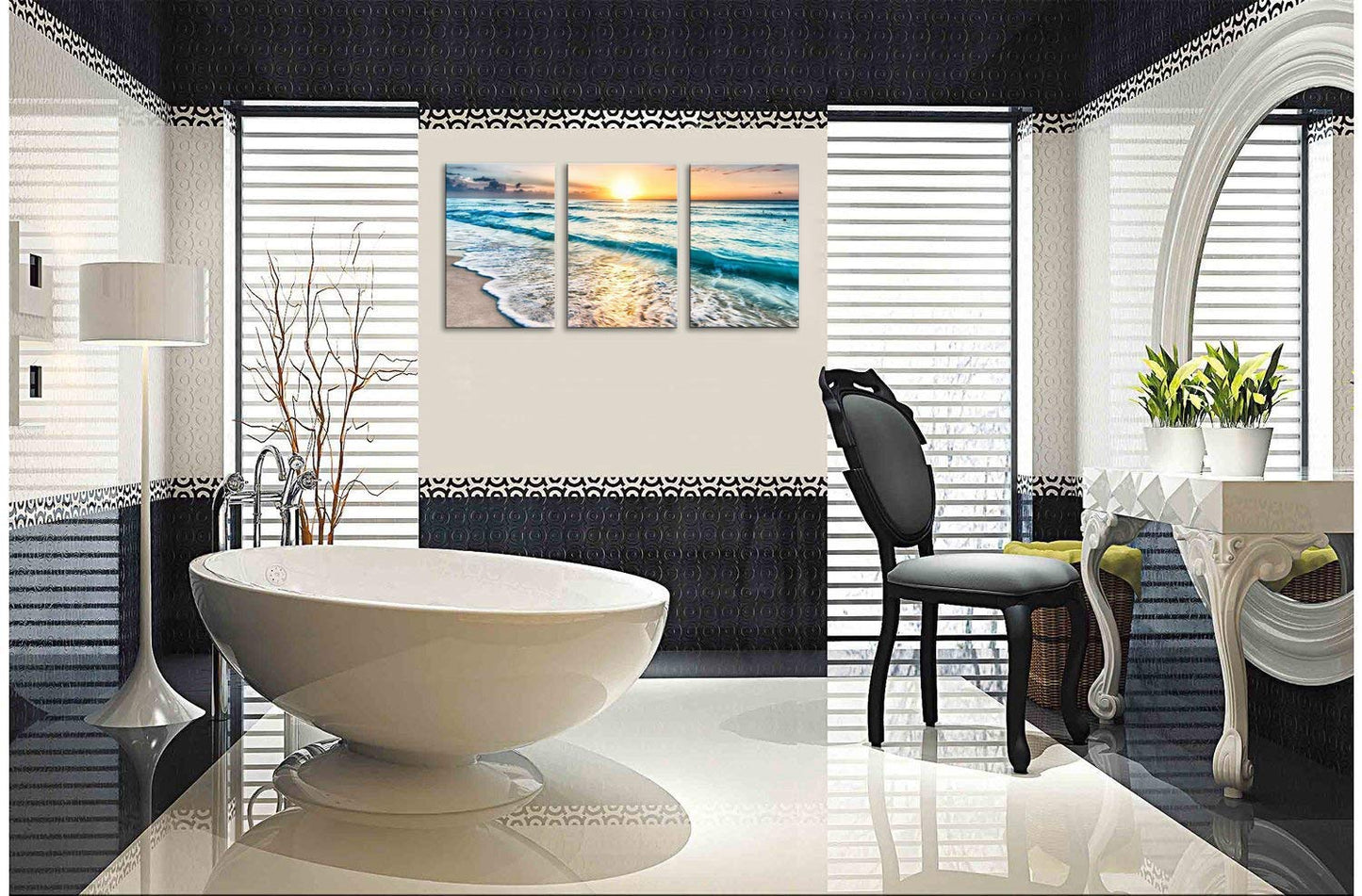 TutuBeer 3 Panel Canvas Wall Art for Home Decor Blue Sea Sunset White Beach Painting the Picture Print on Canvas Seascape the Pictures For Home Decor Decoration,Ready to Hang