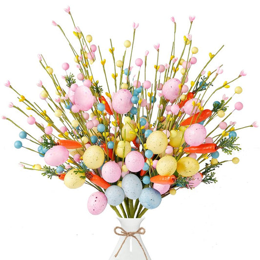 Sggvecsy Artificial Easter Stems 6 Pcs Spring Berry Picks with Eggs Carrot Colorful Berries Twig Branches Sprays for Easter Arrangement Centerpiece Easter Celebration Home Vase Decor