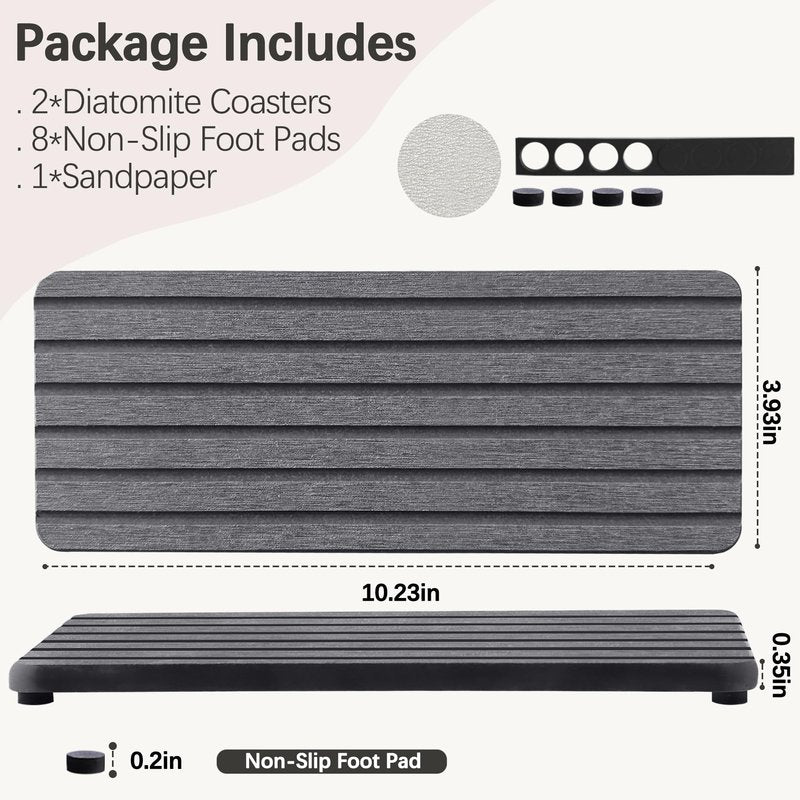 NiuYichee 2 PCS Water Absorbent diatomite Coasters, 10.2" x 4" Water Absorbing Stone Tray for Sink, Stone Drying mat for Kitchen Counter, Stone soap Tray Used for Hand Soaps & toiletries & Plants