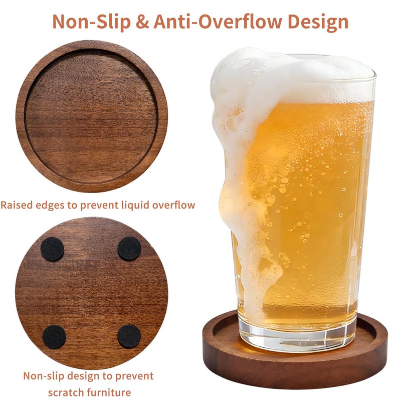 Wood Drink Coasters with Holder, Set of 4, Natural Absorbent Wooden Coasters for Drinks, Modern Rustic Farmhouse Office Bar Decor, Coffee Table Cup Coaster