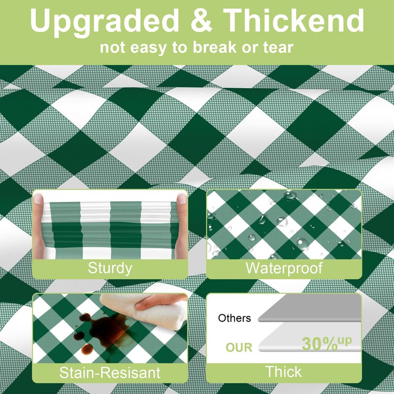 QIKSION Green Gingham Tablecloth Disposable 2 Pack, 54 x 108 Inch Green and White Checkered Table Cloth for Camping, Birthday, Masters Golf Party Supplies, Rectangle, Plastic Table Cover