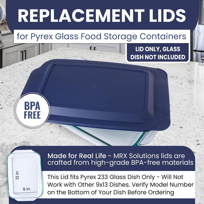 Replacement Lid fits Pyrex 9x13 233 Glass Casserole Baking Dish Container with Tab Handles, for 3-Quart Model 233-PC (Navy)