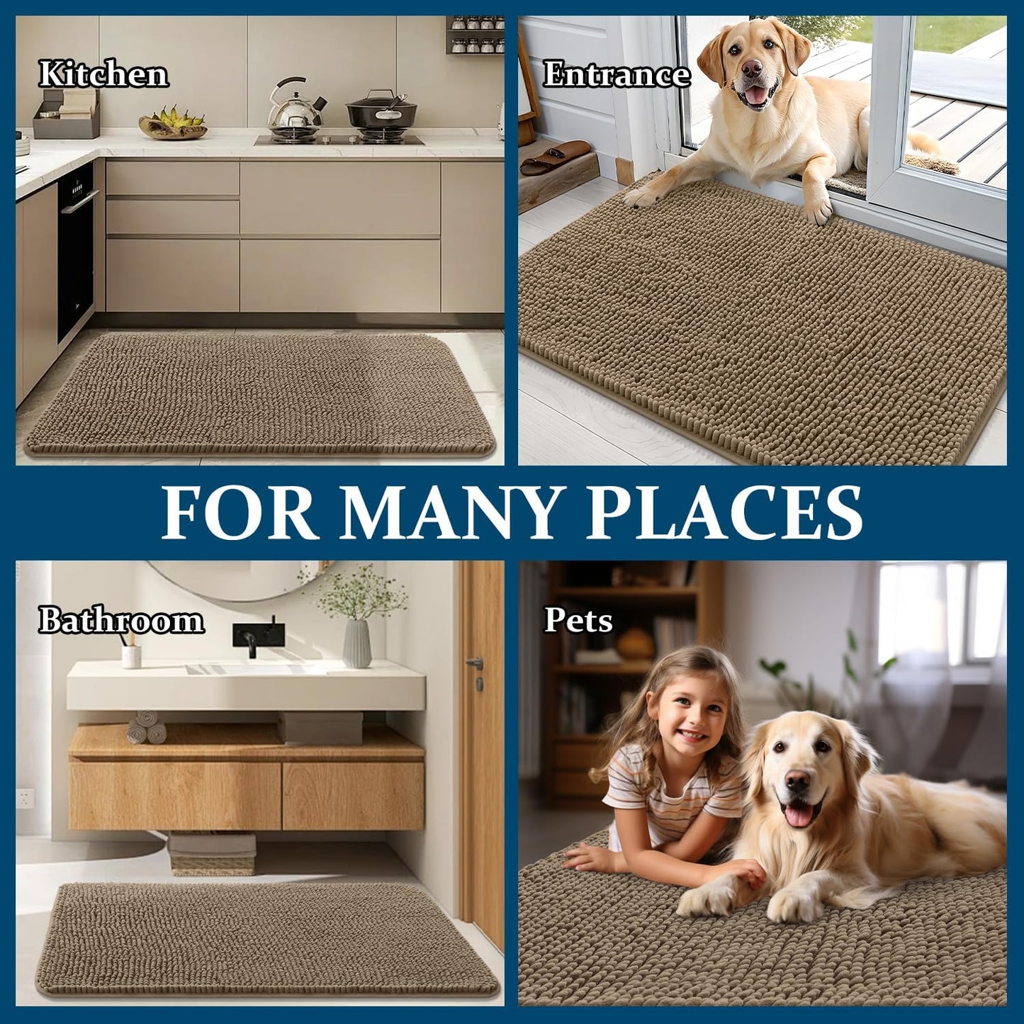 OLANLY Dog Door Mat - Absorbent Non-Slip Chenille Mat for Muddy Paws | 59x24 Tan Indoor Carpet