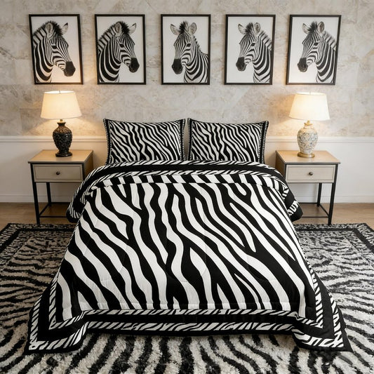 Manfei Zebra Print Comforter Set King Size, Wild Animal Skin Print Bedding Set 3pcs for Kids Boys Girls Bedroom Decor, Black and White Quilt Set Soft Polyester Duvet Set with 2 Pillowcases