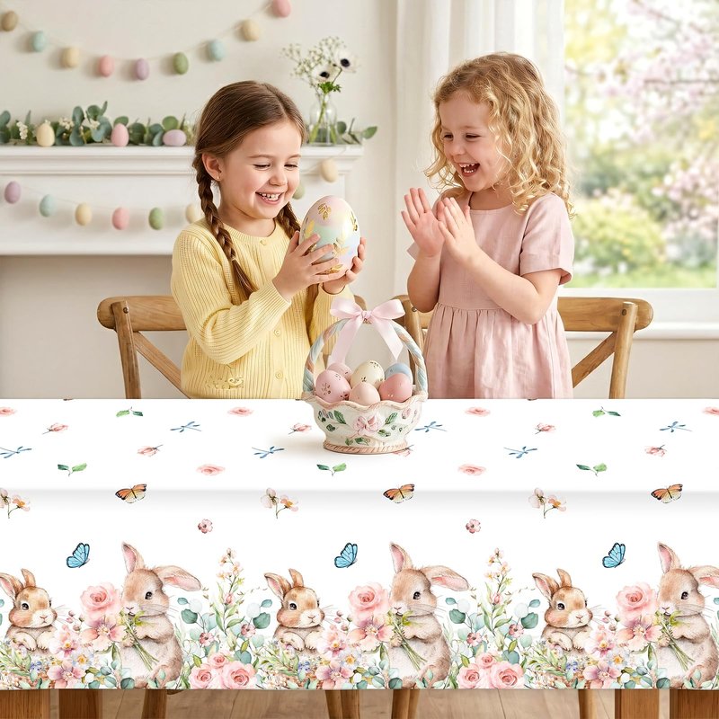 Vanulus 3Pcs Spring Easter Bunny Party Tablecloth Cute Rabbits Pink Floral Disposable Plastic Table Cover Rectangle Table Cloth for Spring Farmhouse Picnic Dinner Table 54x108Inch