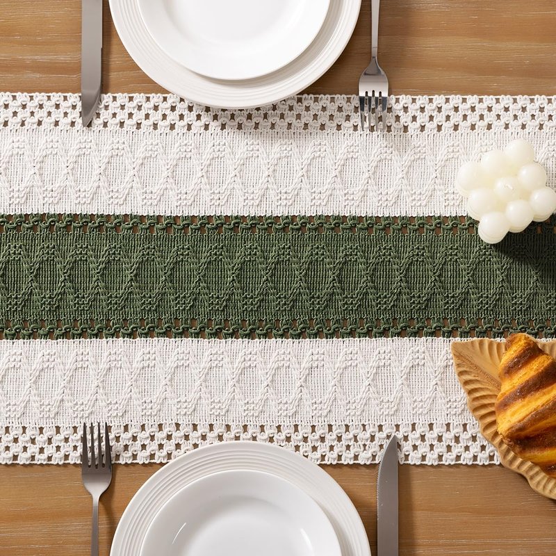 Socomi Boho Table Runner Summer Farmhouse Rustic Dining Kitchen Centerpiece Decor Small Macrame Woven Cotton Linen Coffee Table Runner for Dresser Scarf Home Decor 12x60 inch Olive Green