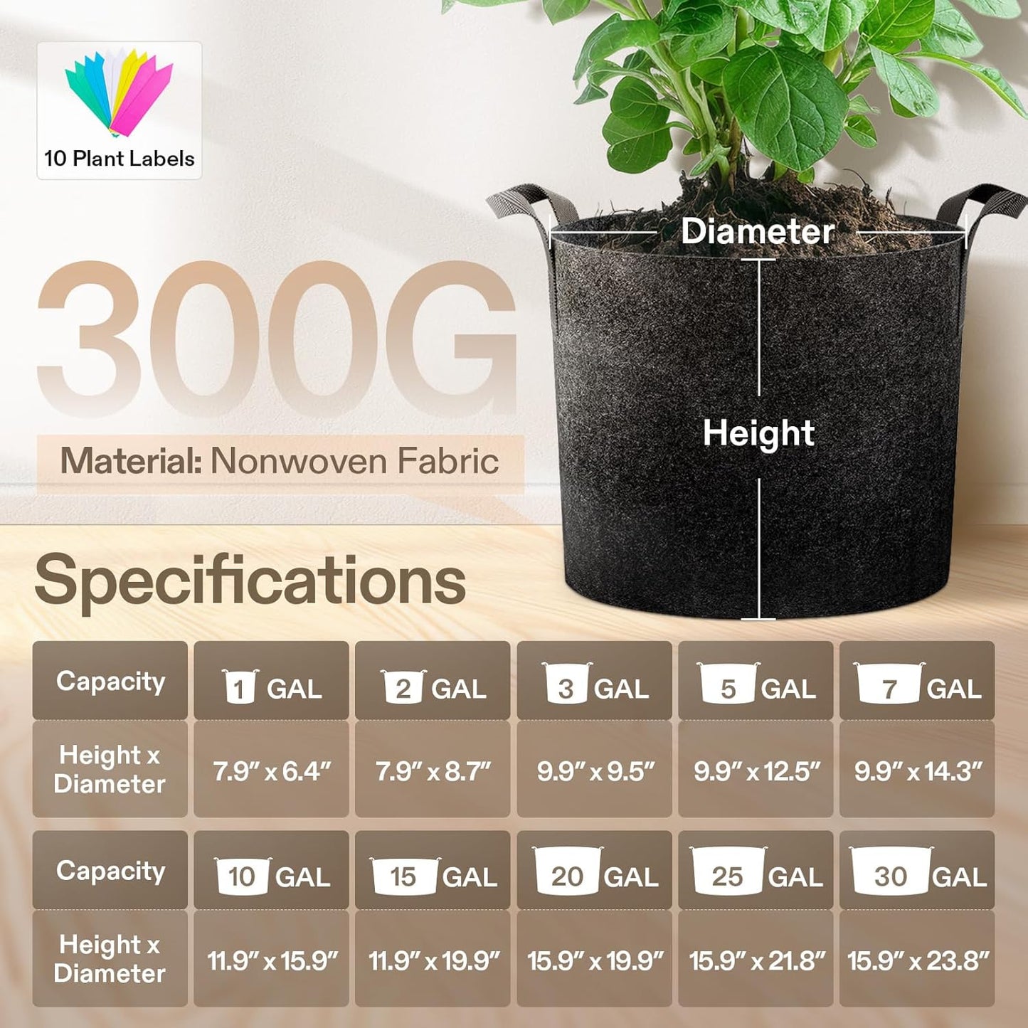 VIVOSUN 3 Gallon Plant Grow Bags - Heavy Duty Nonwoven Fabric Pots with Handles | 5-Pack