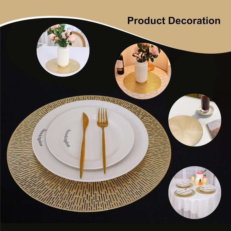 Round Placemats Gold Metallic Set of 6 Vinyl Hollow Placemats 15 Inch, Washable Easy Clean Wipeable Non Slip Stain Heat Resistant Dining Table Place Mats for Wedding Party Decoration by Snowkingdom