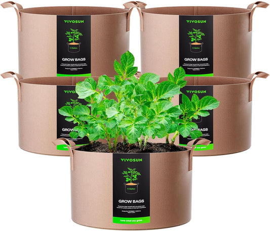 VIVOSUN 15 Gallon Heavy Duty Grow Bags - Thickened Nonwoven Fabric Pots with Strap Handles | Tan - 5-Pack