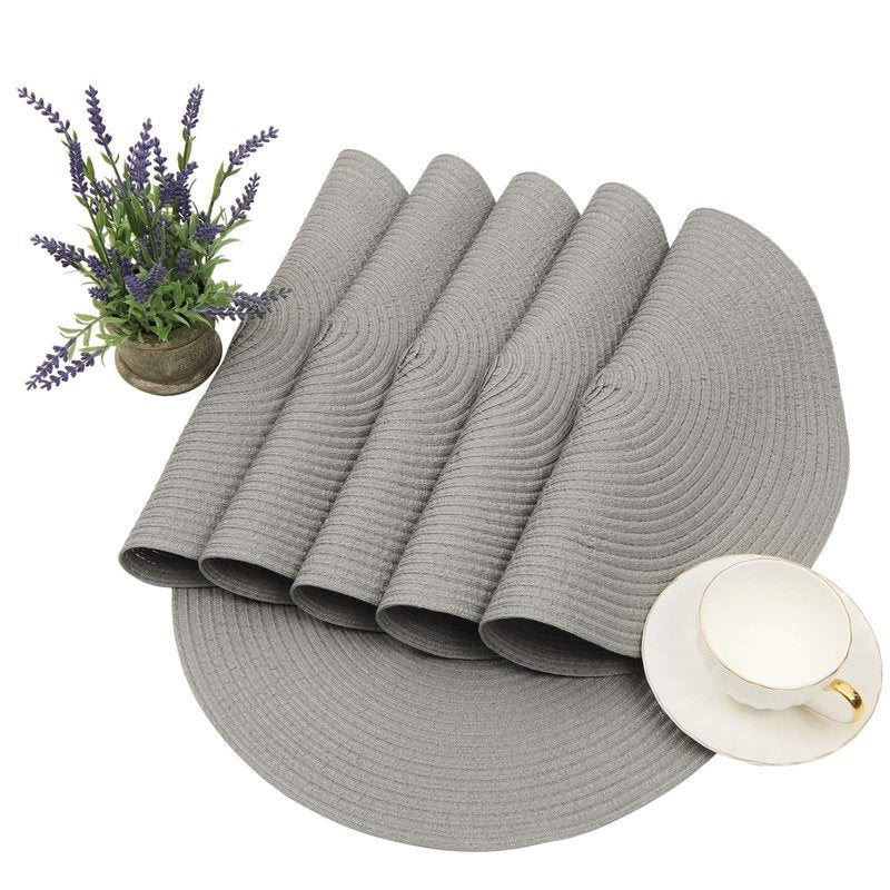 SHACOS Round Braided Placemats Set of 8 Washable Fabric Heat Resistant 15 inch Grey Round Table Mats for Dining Tables (Gray, 8)