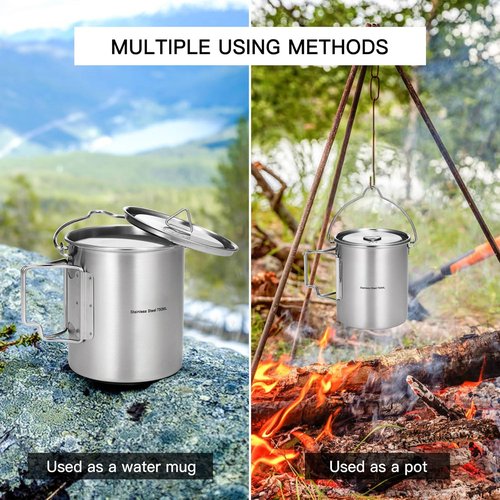 Ailgely 750ml Stainless Steel Cup with Gradation Marks, Foldable Handle, Lid, and Mesh Bag for Camping, Hiking, Picnic (750ml hanging pot)