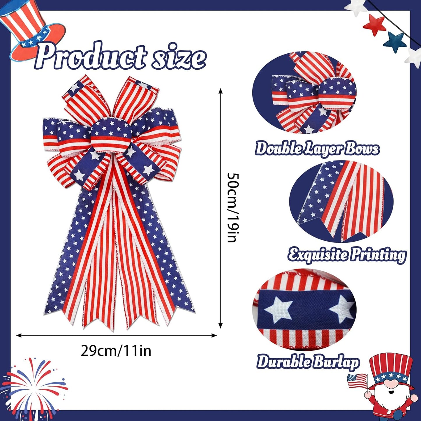 Skiennix Large 4th of July Bows - Pre-Tied Patriotic Wired Ribbon Bows, 20x11 Inch, 2 Pack (Red)